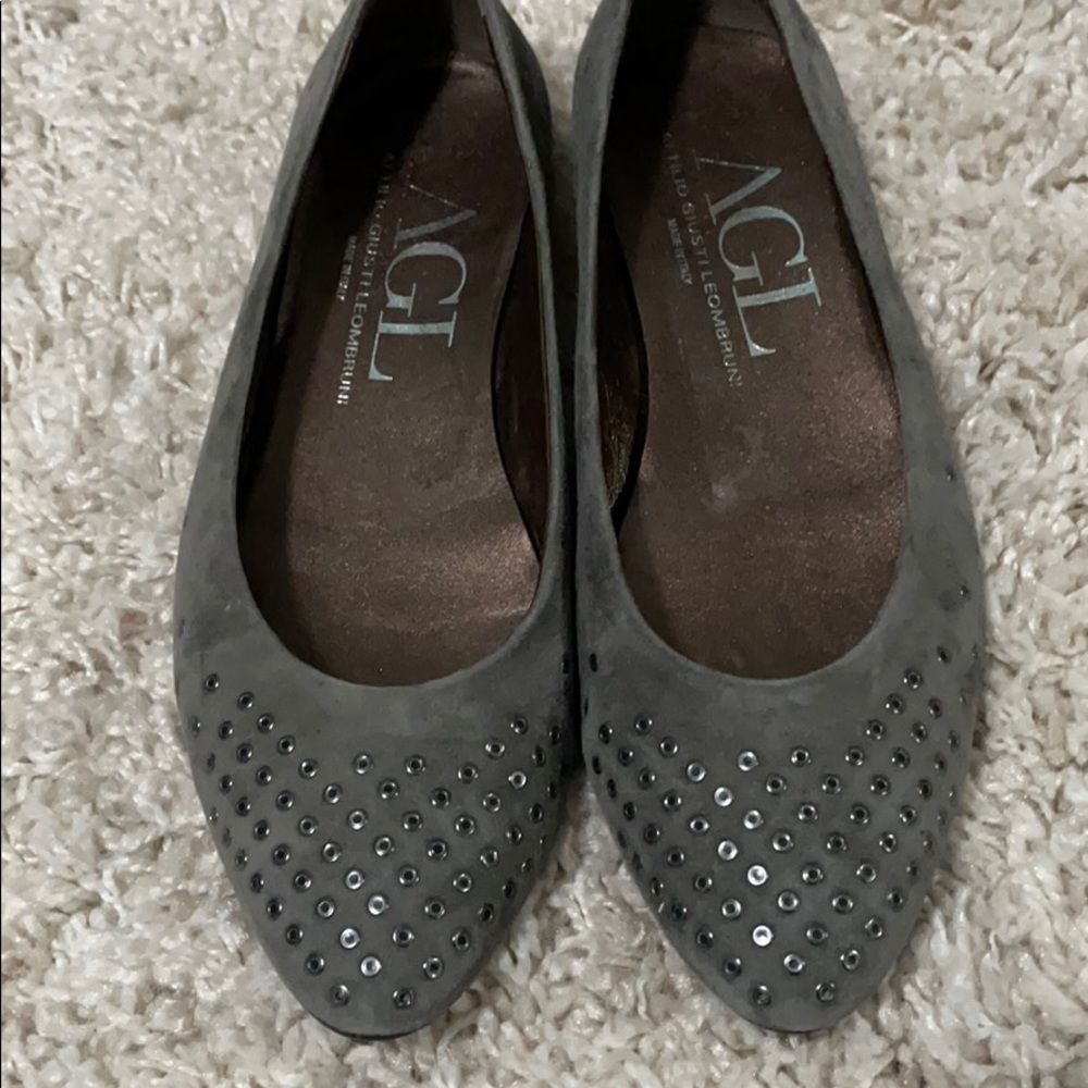 AGL Italian “Mist” Grey Suede Flats with Grommets